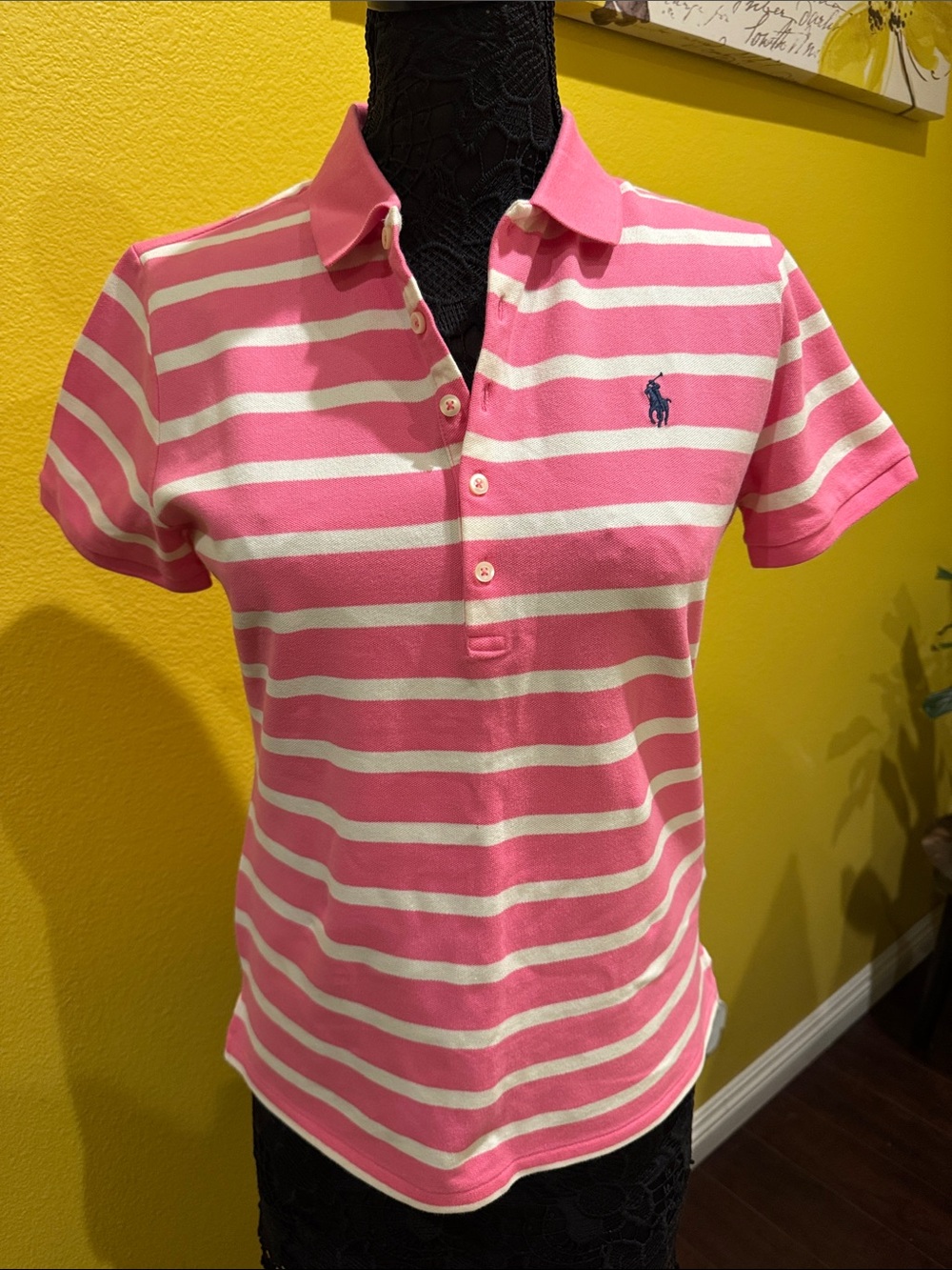 Women’s Polo Ralph Lauren Pink & White Striped Polo with Navy Pony Sz L